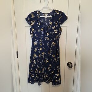 Thyme Maternity Navy Floral Midi Dress with Yellow Cream Blooms
